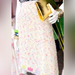 Chanel AW04 Neutral, Pastel, and Lurex Boucle Tweed Fringe Skirt Sz 40 / US LG